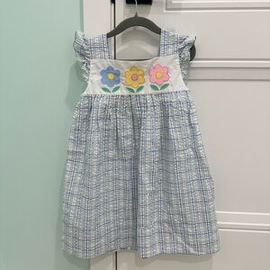 Blue Plaid Kids Dress with Floral Embroidery